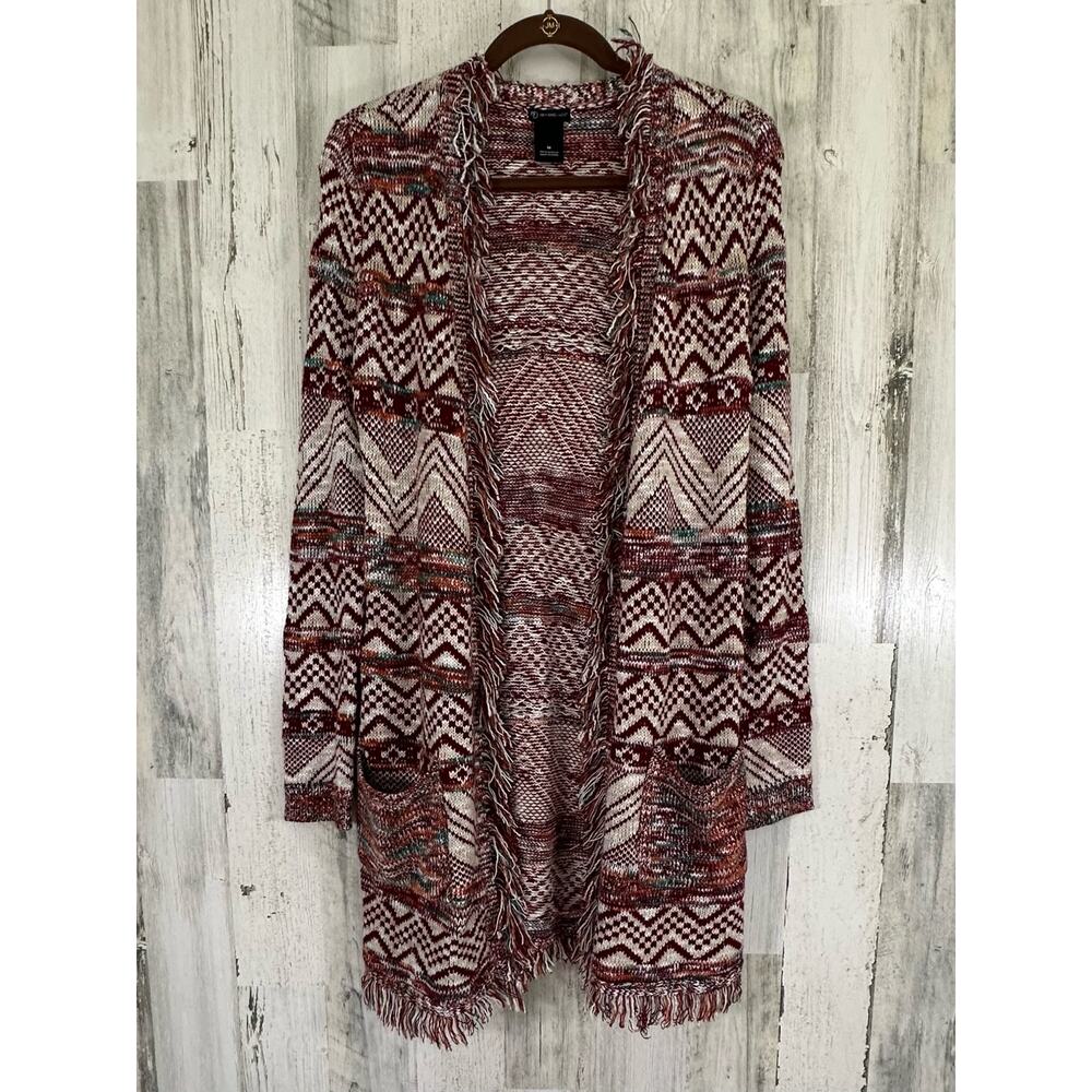 New Direction Womens Open Front Cardigan Sweater Medium Burgundy Aztec Fringe - Picture 1 of 7
